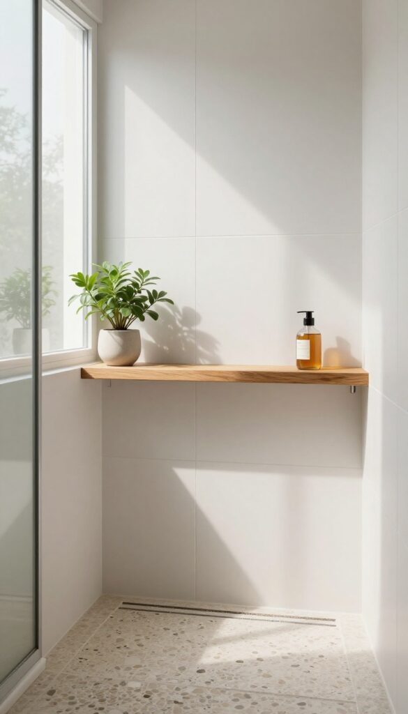 Fold-down teak shelf in a pebble floor shower with plant and soap bottle