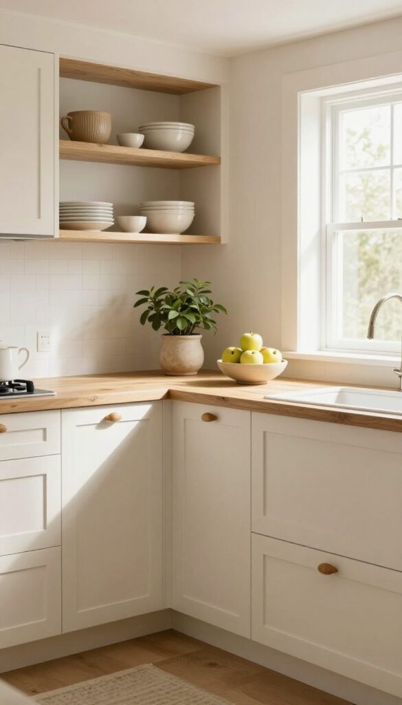 Cozy kitchen with warm wooden countertops, cream cabinets, open shelving, and a fruit bowl in natural light.