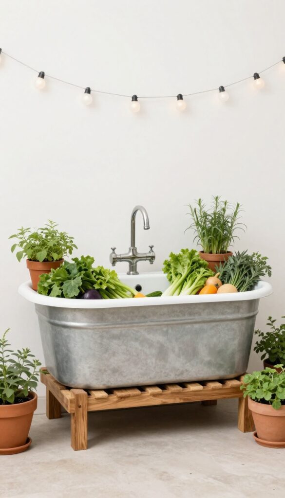 Galvanized tub sink on wooden stand in backyard kitchen with herbs and string lights