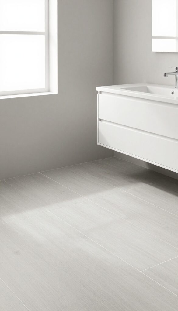A bright bathroom with light gray tile flooring and white grout, showcasing an airy and clean design.