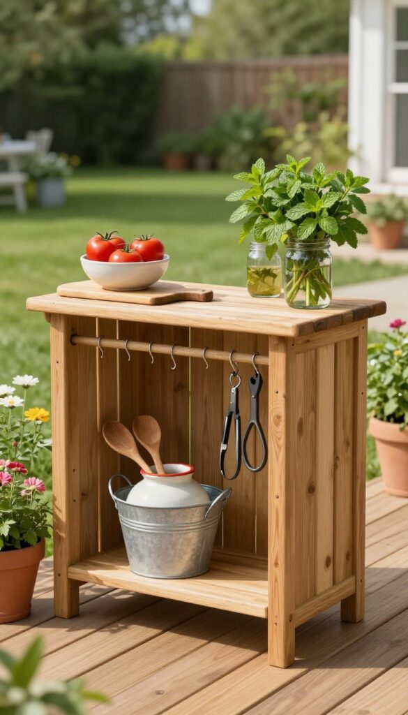 Wooden potting bench turned outdoor prep station with cutting board, tomatoes, herbs, and gardening tools on sunny deck.