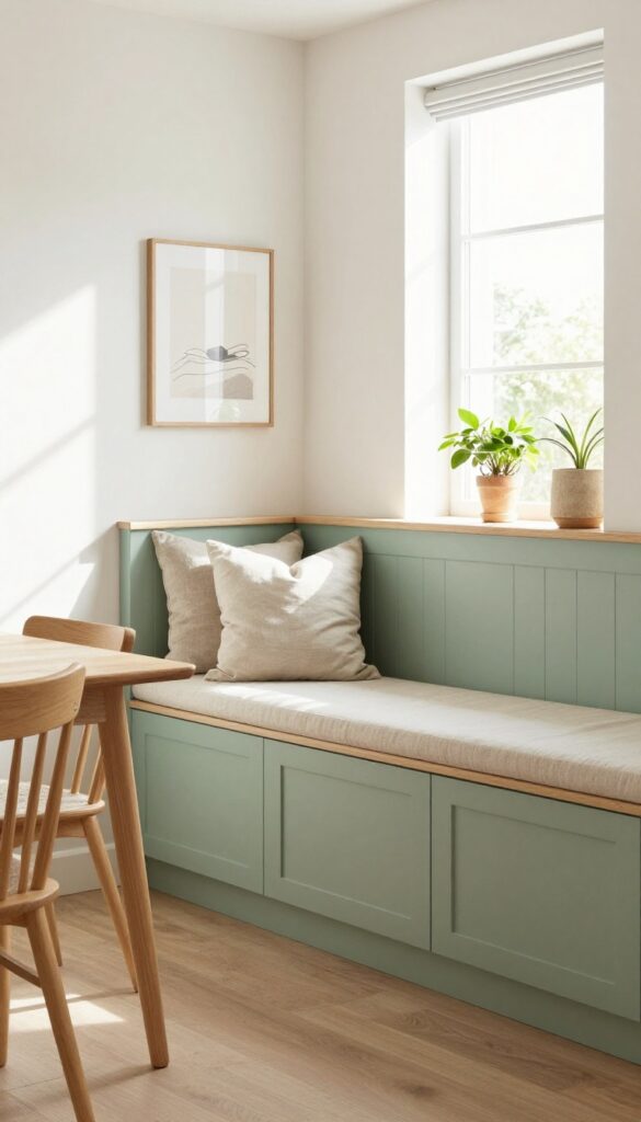 Built-in kitchen banquette with hidden drawers, light wood tones, sage green bench, natural light, cozy farmhouse style.