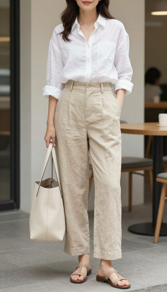 A woman wearing beige linen trousers and a white button-up shirt for a casual summer office outfit, styled with leather sandals and a tote bag in a bright, natural light setting.