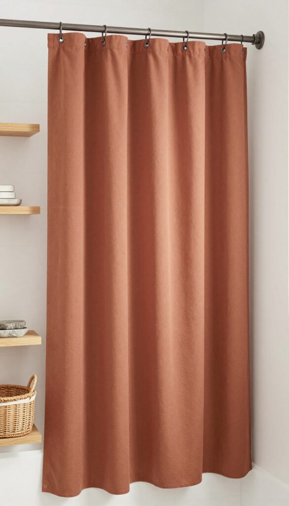Tall waterproof canvas shower curtain in earthy olive and terracotta tones, hanging straight in a bright bathroom with wooden shelves, rattan baskets, and stone soap dishes for a rustic, grounded look.