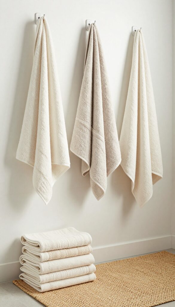A farmhouse bathroom shower area featuring soft textured towels and bath mats in neutral tones, arranged to create a warm and welcoming atmosphere with layered textures and natural light.