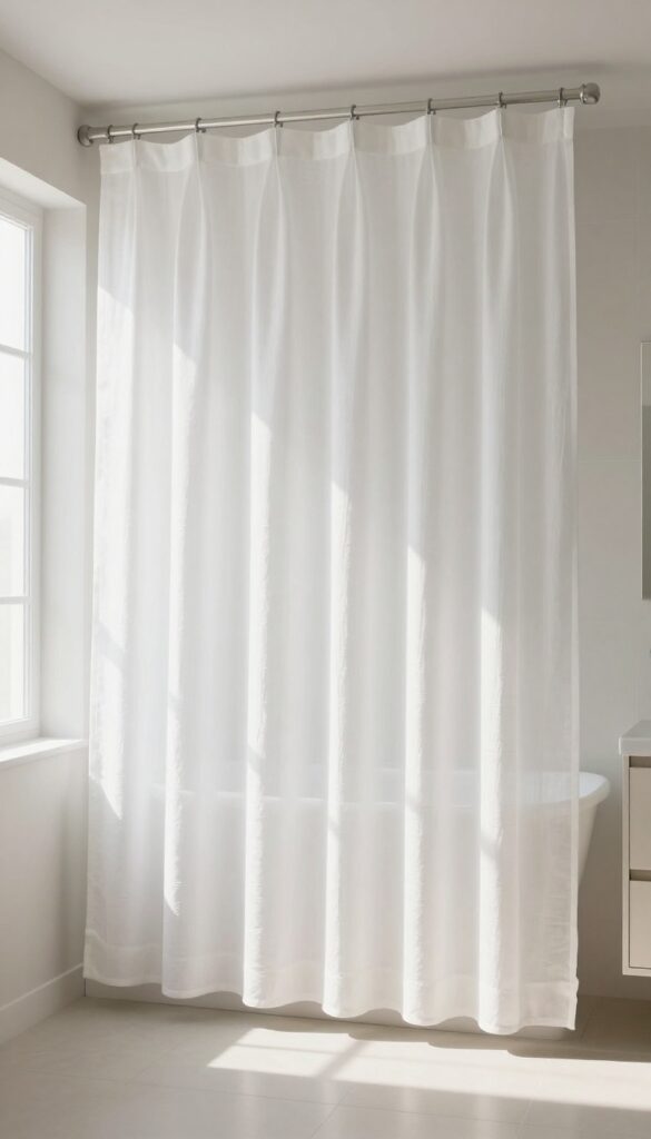 Bathroom with floor-to-ceiling white shower curtain creating vertical height