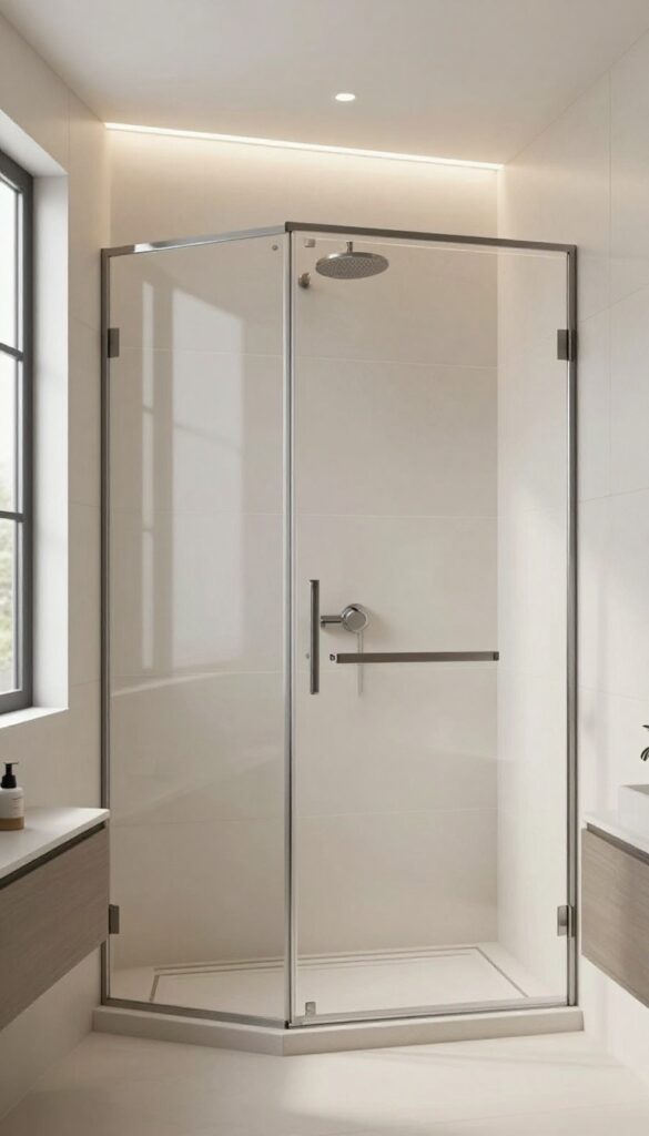 A photorealistic image of a master bathroom walk-in shower with LED strip lighting along the ceiling and under a bench, creating a warm, ambient glow in a clean, modern space with neutral tiles.