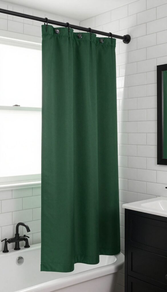 Dark green shower curtain with matte black hardware in a modern bathroom