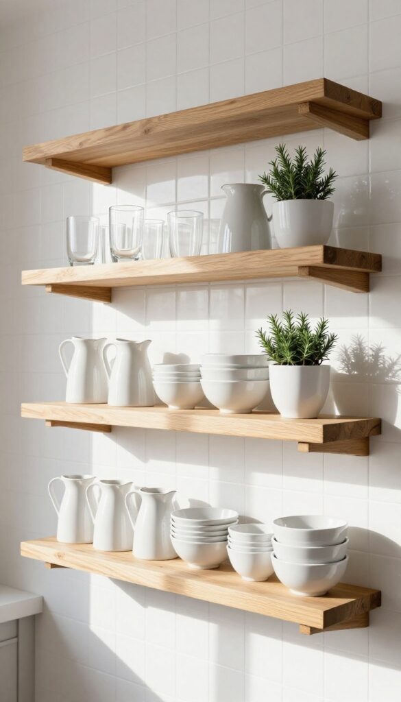 Modern outdoor kitchen with open shelving displaying ceramic pitchers, white bowls, and glassware in natural light.