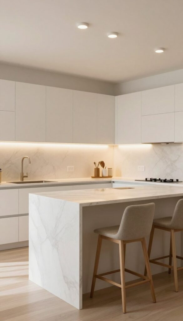 Modern kitchen with recessed lights on dimmer creating layered warm lighting over countertops and island