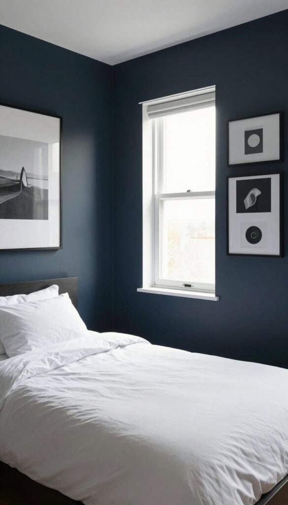 A teenage boy's bedroom featuring a dark navy accent wall behind the bed, with bright natural lighting and minimal decor for a stylish, balanced look