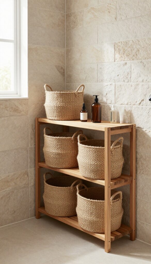Natural fiber baskets on wooden shelves in a farmhouse bathroom shower, storing toiletries to maintain a rustic and organized aesthetic.