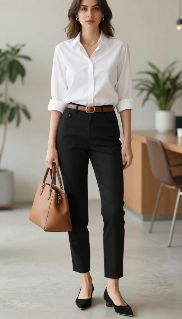 A woman wearing a white button-down shirt with rolled sleeves, slim black trousers, brown belt, black pointed flats, and a tan structured handbag. She stands in a bright modern office or cafe, exuding a polished smart casual vibe.