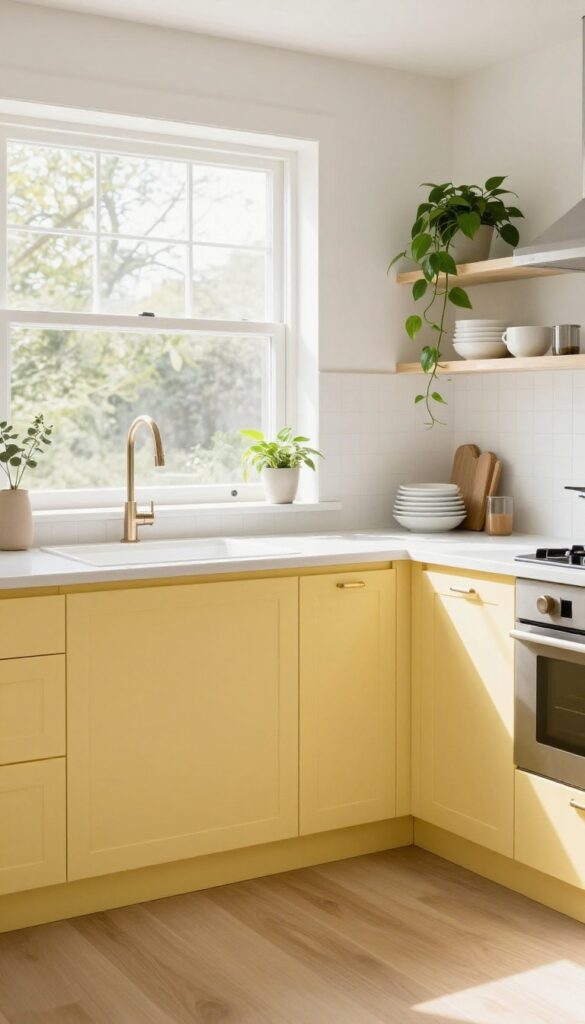 Bright kitchen with buttermilk yellow cabinets and white countertops