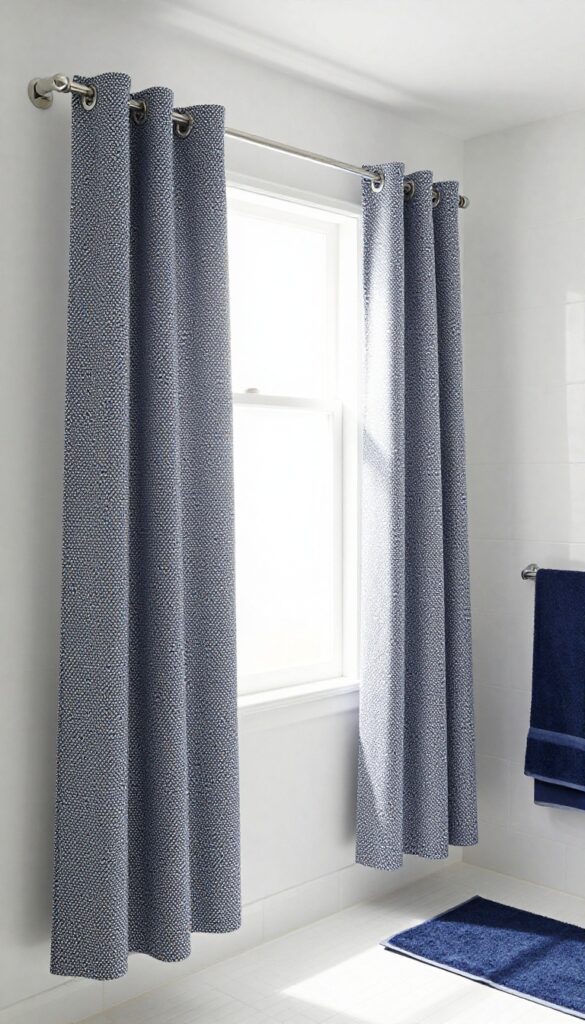 Small bathroom with double curtain rod, geometric print outer curtain and white liner, natural light.