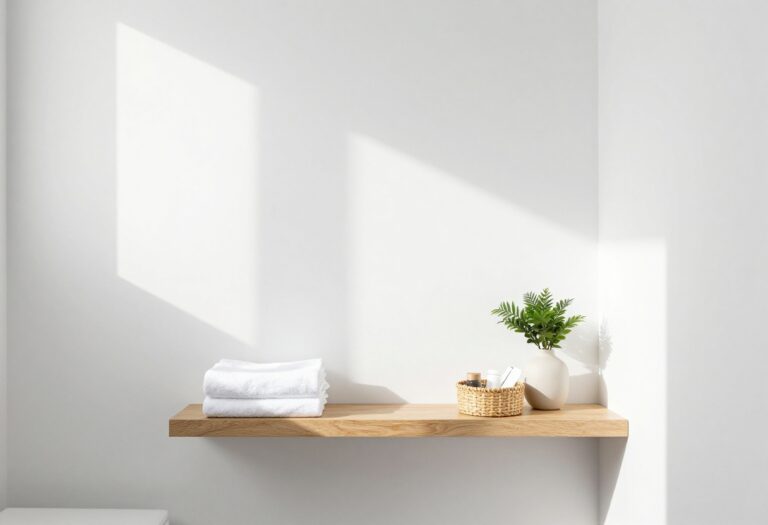 A modern bathroom featuring floating shelves above the toilet for organized wall storage, showcasing space-saving decor ideas in bright natural light.