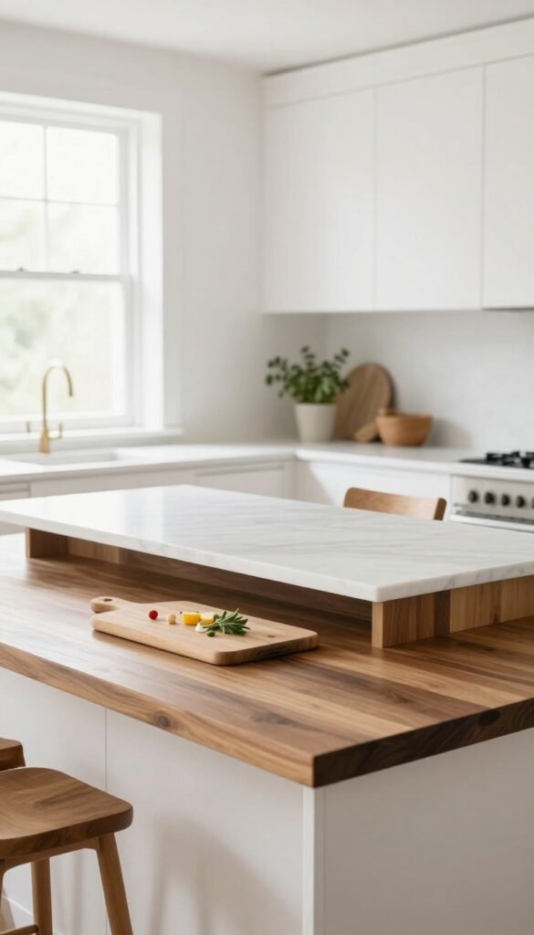 Two-tier kitchen island with lower prep side and raised seating area