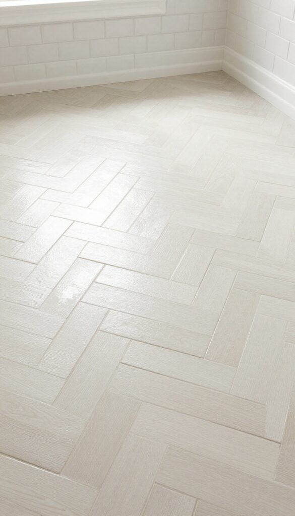 Herringbone tile layout on a small bathroom floor with light-colored rectangular subway tiles in bright natural light.