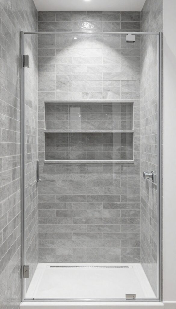 A walk-in shower with large-format gray tiles in a brick pattern, featuring a seamless design, natural light, and minimalist fixtures for a clean custom look.