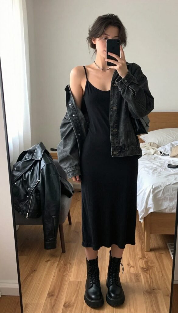 A woman in a black slip dress and chunky combat boots takes a mirror selfie, wearing an oversized denim jacket and silver choker, with a small black bag.