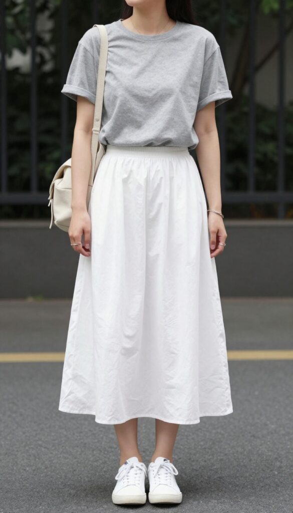 A woman in a casual summer outfit featuring a graphic tee and long white skirt with sneakers, styled for a fashion blog with a relaxed, expressive vibe.