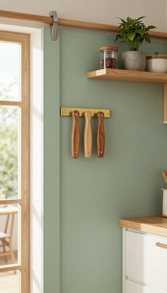Sliding door with magnetic knife strip in a bright, warm kitchen