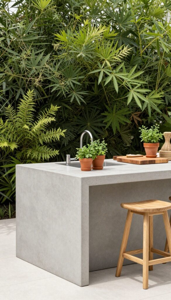 Minimalist concrete countertop island in an outdoor kitchen with warm wood accents and greenery.