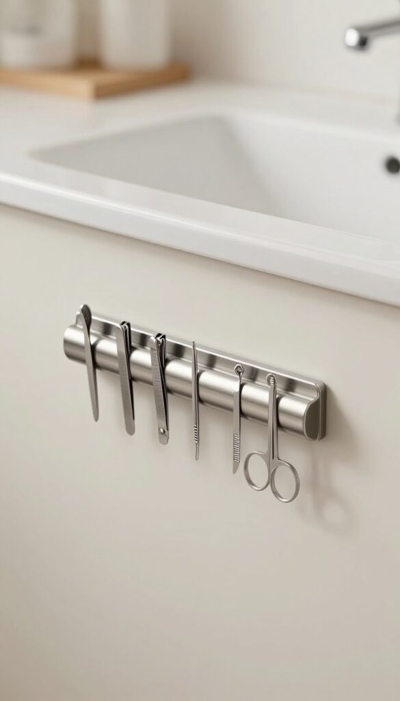 A magnetic strip on a bathroom wall holding small grooming tools for space-saving storage.