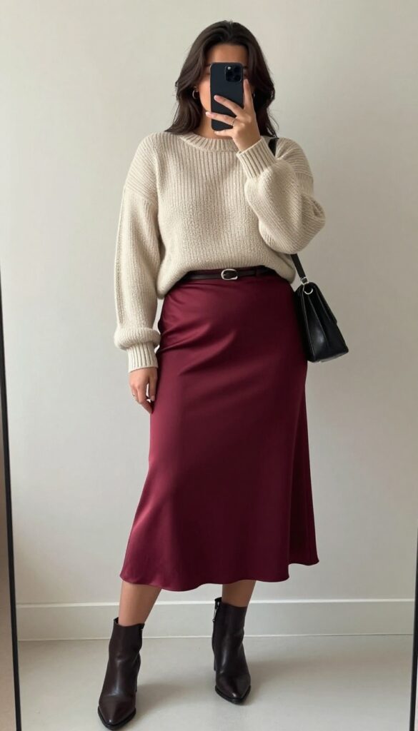 Plus-size woman in a pleated midi skirt and knit sweater, taking a mirror selfie in bright natural light.