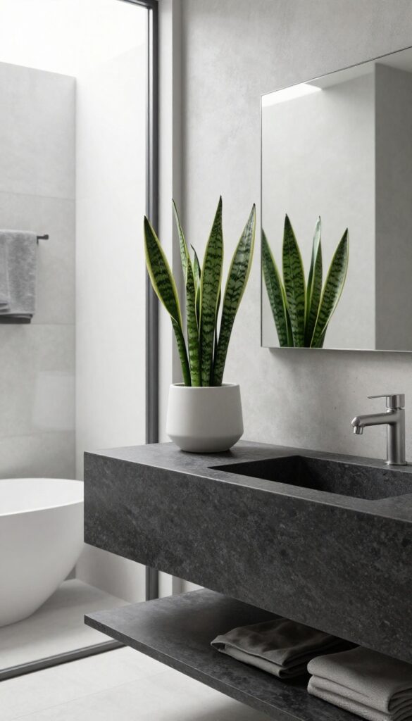 A modern men's bathroom with a small snake plant in a white ceramic pot on a stone vanity, showcasing simple greenery decor in bright natural light.