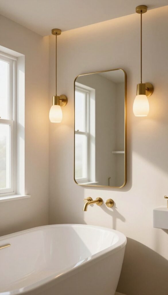 Bathroom with warm dimmable lighting showing sconces by mirror and pendant over tub for relaxation