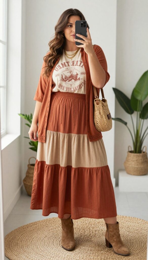 Plus-size woman in a tiered rust and cream skirt and graphic tee, taking a mirror selfie in a bright room with plants.