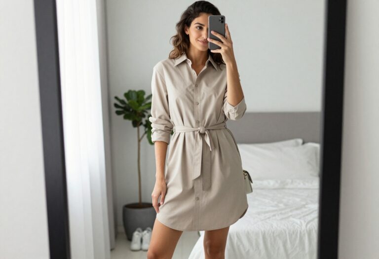 A woman with a rectangle body shape takes a mirror selfie wearing a belted shirt dress and sneakers, showcasing how to create curves with styling.