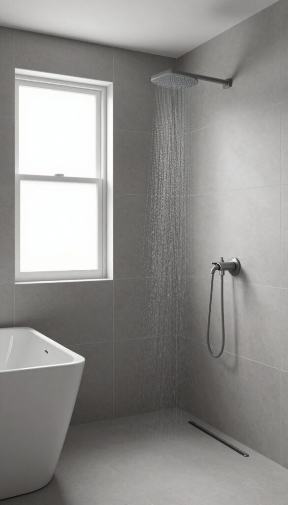 A bright, minimalist bathroom with a monochromatic gray tub-to-shower conversion, showcasing matte tiles and glossy fixtures under natural light for a spacious, calming effect.