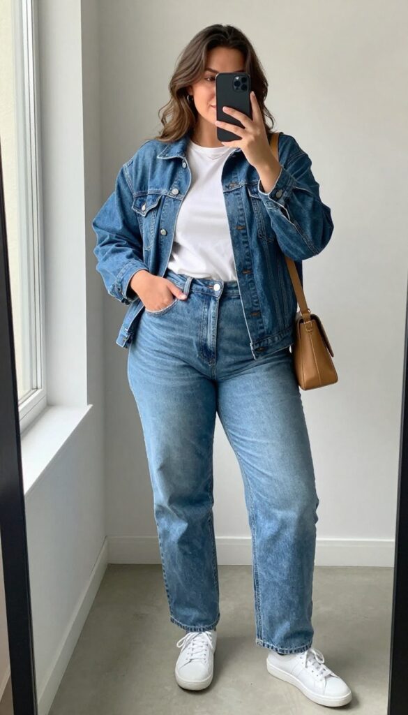 Plus-size woman in a white tee, high-waisted jeans, and an open cropped black denim jacket, taking a mirror selfie in bright natural light