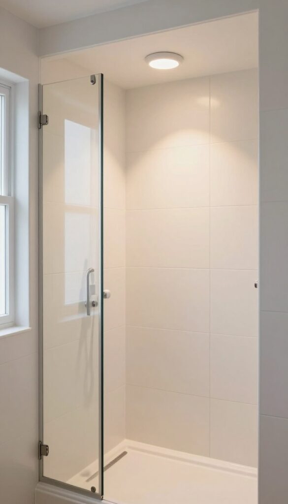Small bathroom shower with warm dimmable waterproof lighting fixture creating cozy spa atmosphere