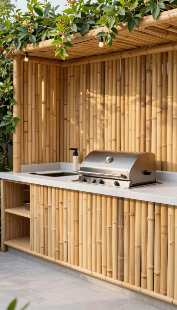 Outdoor kitchen with bamboo privacy screen and climbing plants