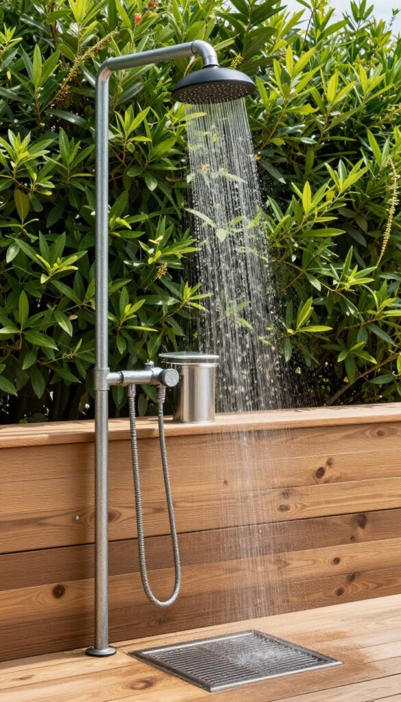Outdoor shower with galvanized pipe structure and wooden mat in natural light