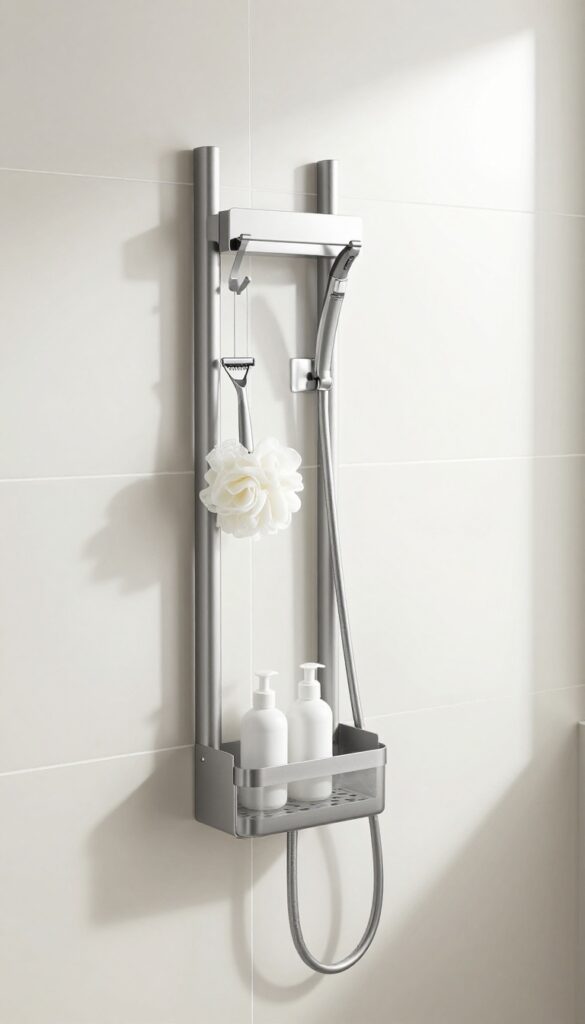 Modern shower caddy with hooks holding loofah and razor, draining base with bottles, bright natural light
