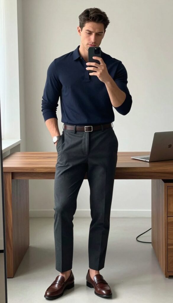 Man in navy polo and tailored charcoal trousers taking a mirror selfie in a bright office, business casual outfit.