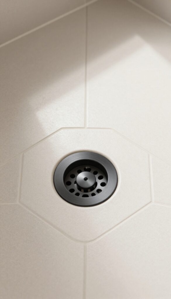 Round brushed black shower drain set in beige hex tile floor