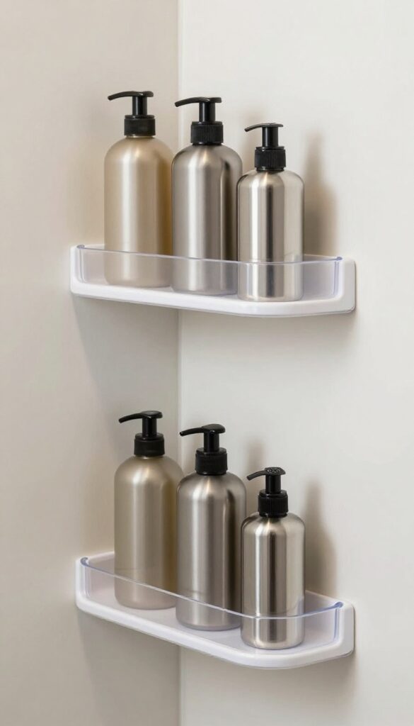 Corner shelves in an RV shower with neatly stacked bottles for space-saving storage.