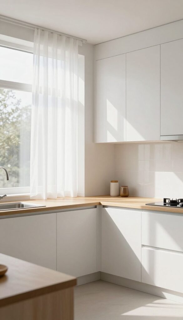 Bright and airy modern kitchen with sheer curtains, white surfaces, and a mirror reflecting light