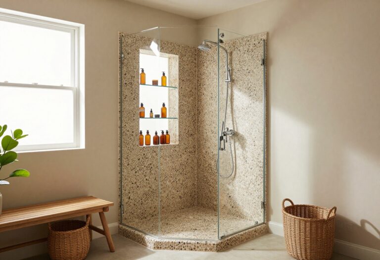 Warm pebble floor shower with built-in storage niche and teak bench
