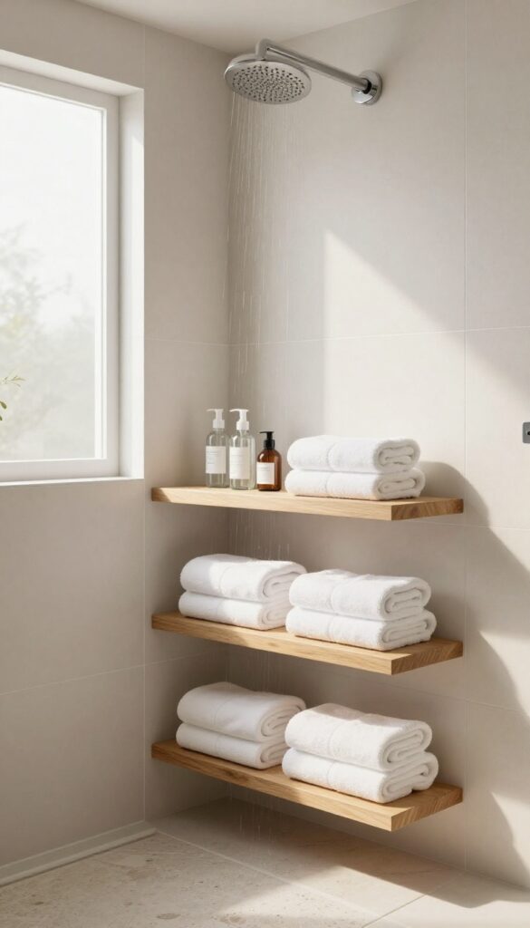 Small shower room with floating wooden shelves holding rolled towels and toiletries, natural light, spa-like atmosphere.