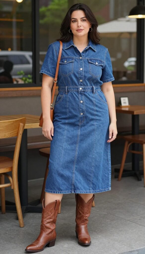 A woman wearing a relaxed-fit denim dress with western boots in a summer outdoor setting, showcasing a classic yet modern fashion look suitable for US, UK, and Canada audiences.