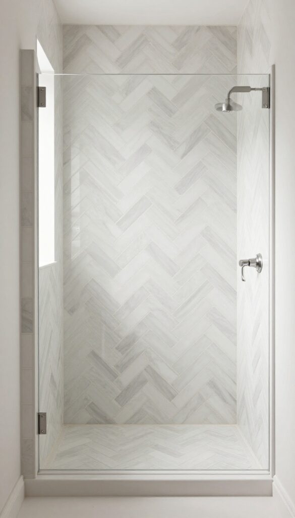 A shower area featuring a herringbone tile pattern in neutral tones for classic charm and visual interest.