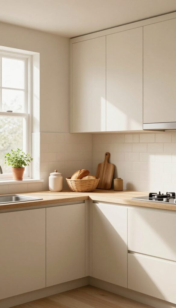 Muted clay lower cabinets and creamy ivory upper cabinets in a bright kitchen with natural textures