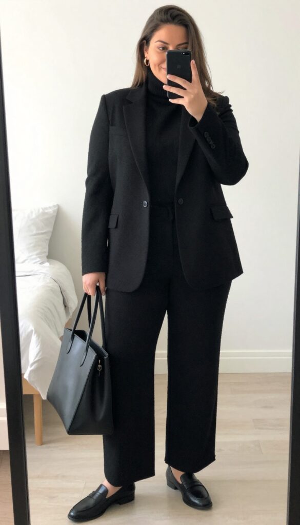 Plus-size woman in black monochrome business casual outfit: turtleneck, blazer, wide-leg trousers, loafers, and tote bag, taking a mirror selfie.