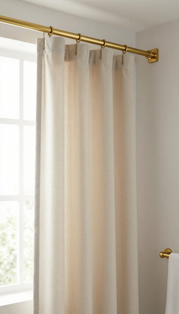 A close-up photo of a brushed brass tension shower curtain rod in a bright, modern bathroom, showcasing its bold finish and clean installation without drilling.